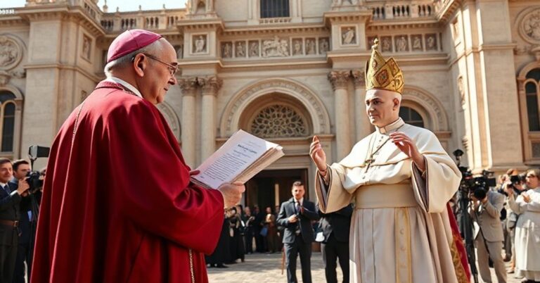 Biskup katolicki w tradycyjnych szatach stoi przed katedrą, obserwując grupę dziennikarzy wokół nowoczesnego 'papieża', symbolizując redukcję Kościoła do sieci komunikacyjnej.