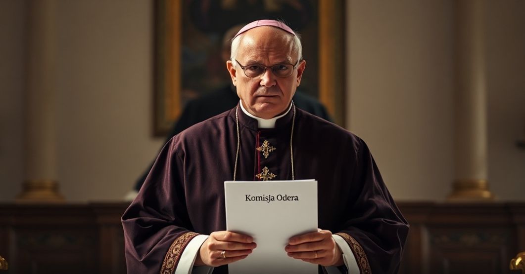 Biskup w tradycyjnych szatach liturgicznych trzyma dokument Komisji Odery przed ołtarzem, symbolizując problem upadłej hierarchii Kościoła