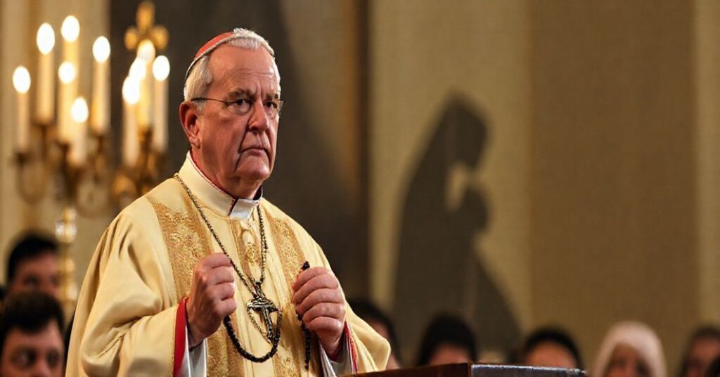 Katedralny biskup w tradycyjnej szacie liturgicznej, trzymający różaniec, patrzy z poważnym wyrazem twarzy na tłum, symbolizując moralną klęskę polityków współczesnych. Na tle widnieje lekkie zarysowanie dziecka, symbolizujące ofiary aborcji.