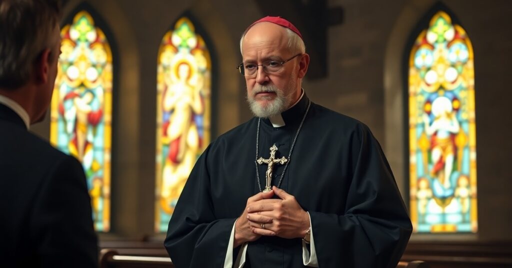 Biskup katolicki w konfesjonale wysłuchuje spowiedzi penitenta w kościele