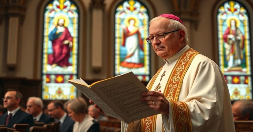 Wnętrze kościoła z biskupem trzymającym konstytucję przed zborem, symbolizujące napięcie między prawem ludzkim a boskim porządkiem.