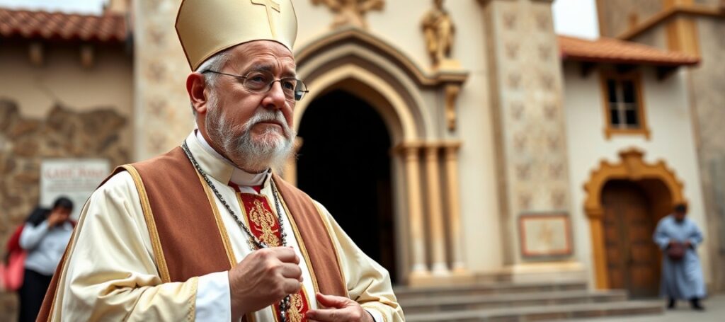 Biskup w tradycyjnych szatach liturgicznych stoi przed kościołem katolickim na tle społeczeństwa zmagającego się z migracją i sekularyzacją.