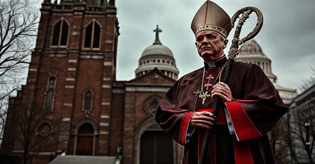 Biskup w tradycyjnych szatach przed kościołem, symbolizujący konflikt między wiarą a nowoczesną ideologią