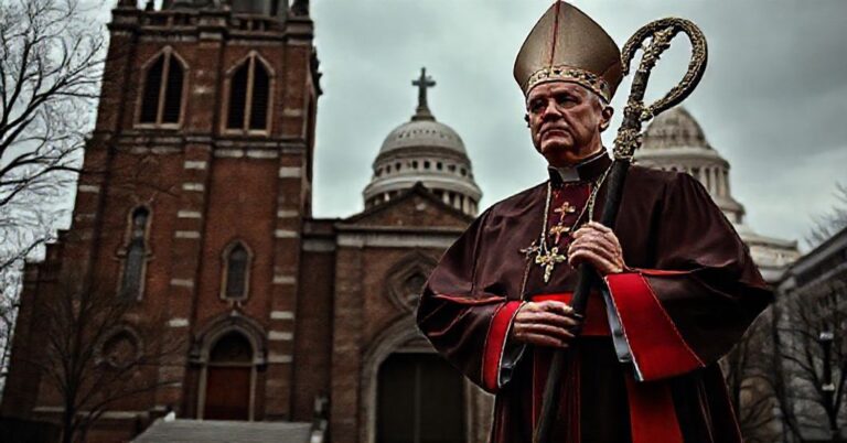 Biskup w tradycyjnych szatach przed kościołem, symbolizujący konflikt między wiarą a nowoczesną ideologią