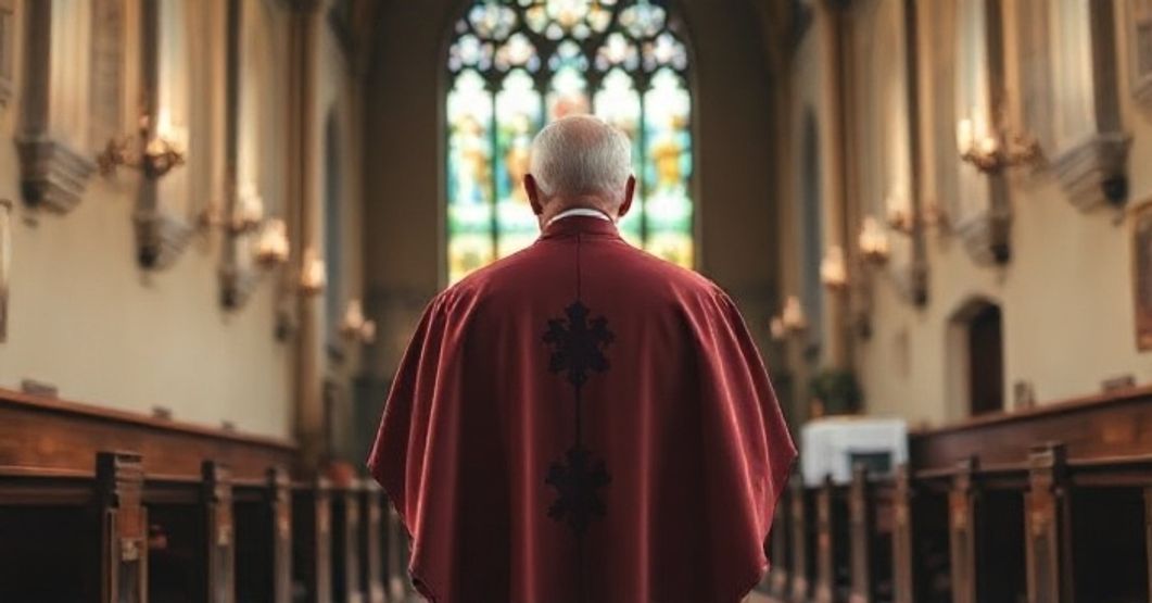 Biskup w tradycyjnym stroju katolickim w kościele, scena pełna powagi i religijnej głębi, symbolizująca katolicką wierność i tradycję