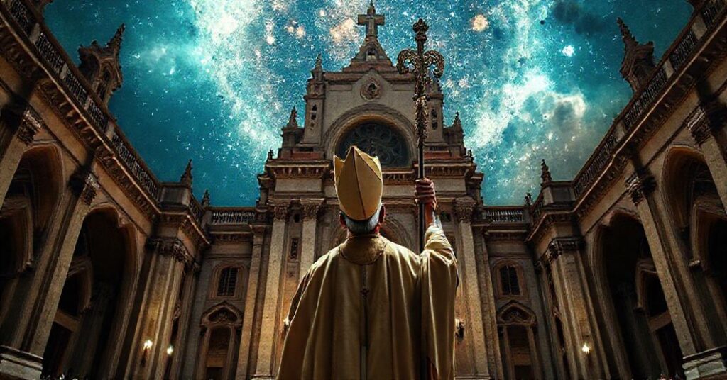 Tradycyjny biskup katolicki w pełnym stroju liturgicznym patrzący w kosmos podczas niedzieli w kościele