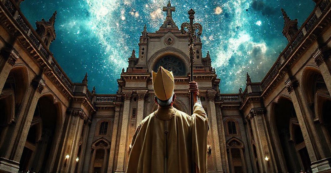 Tradycyjny biskup katolicki w pełnym stroju liturgicznym patrzący w kosmos podczas niedzieli w kościele