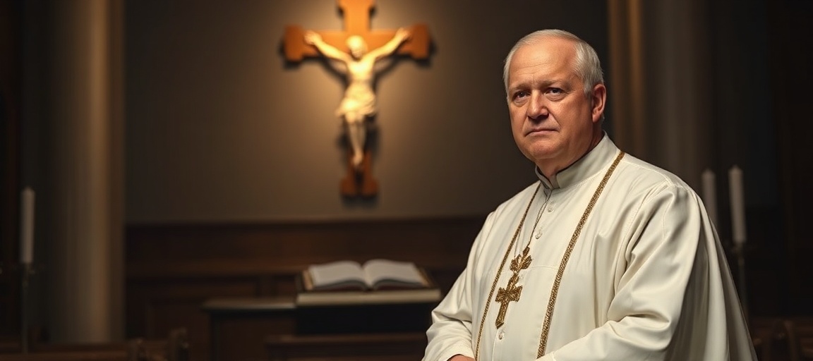 Biskup Czesław Kozon w tradycyjnym stroju episkopalnym na tle kaplicy z krzyżem Chrystusa Króla.