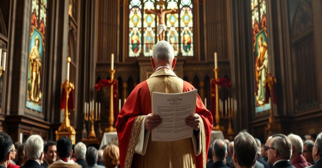 Biskup katolicki w tradycyjnych szata liturgicznych przemawia do katolików w katedrze o panowaniu Chrystusa nad narodami