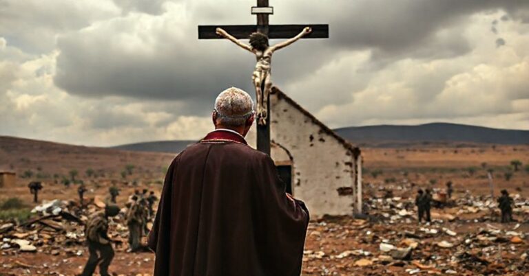 Biskup katolicki w tradycyjnych szatach liturgicznych stoi przed zniszczonym kościołem w zniszczonym krajobrazie afrykańskim z tłem konfliktów wojskowych i cierpienia. Scena podkreśla potrzebę duchowych rozwiązań dla konfliktów globalnych.
