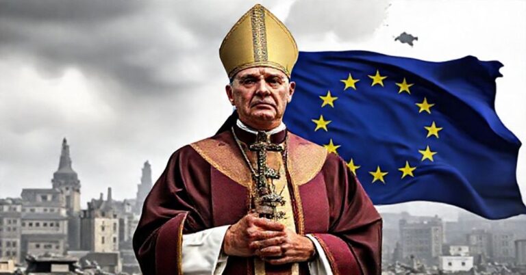 Wizerunek katolickiego biskupa w tradycyjnych szatach liturgicznych, stojącego przed zniszczonym miastem europejskim z flagą Unii Europejskiej w tle. Temat dotyczy krytyki fałszywego pacyfizmu i relatywizmu w kontekście żydowskiego problema.