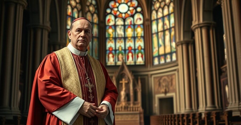 Biskup w tradycyjnych szatach w świątyni, krytykujący ekumeniczne błędy i modernizm w Kościele