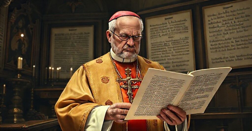 Biskup w tradycyjnych szatach kościelnych czyta nowoczesny dokument eklezjalny w kaplicy pełnej starożytnych artefaktów religijnych.