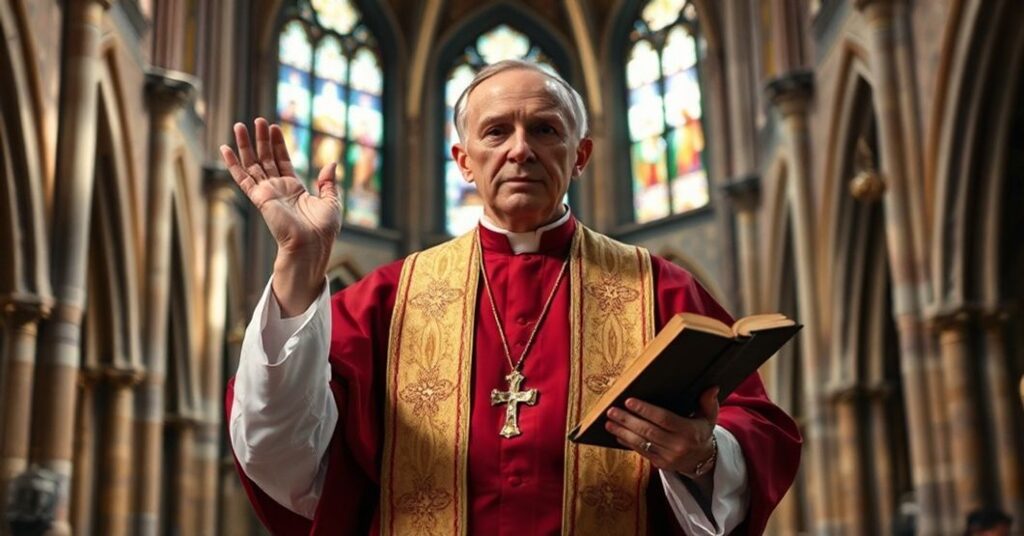 Biskup w tradycyjnych szatach liturgicznych stoi w katedrze, trzymając Biblię i gestem ostrzegającym.