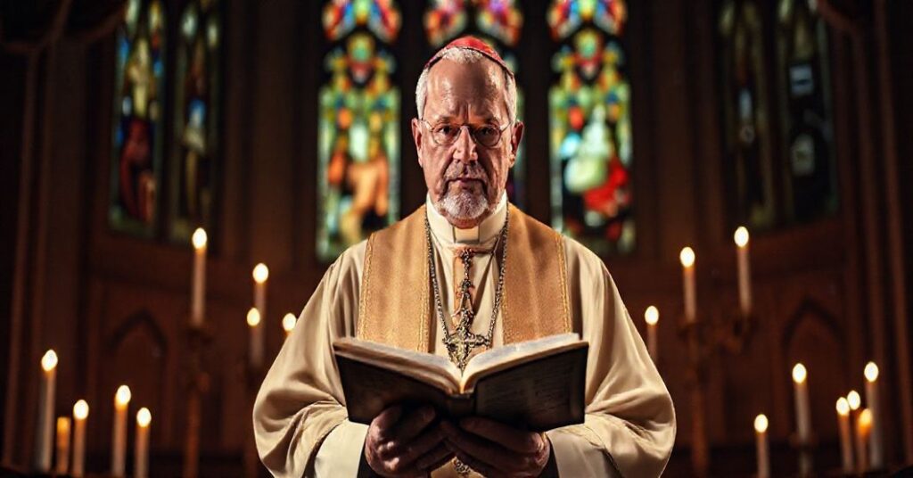 Biskup w tradycyjnym stroju kościelnym, trzymający Biblię, podkreśla wyłączną rolę Chrystusa jako jedyne drogę do zbawienia w świetle krytyki modernistycznego relatywizmu