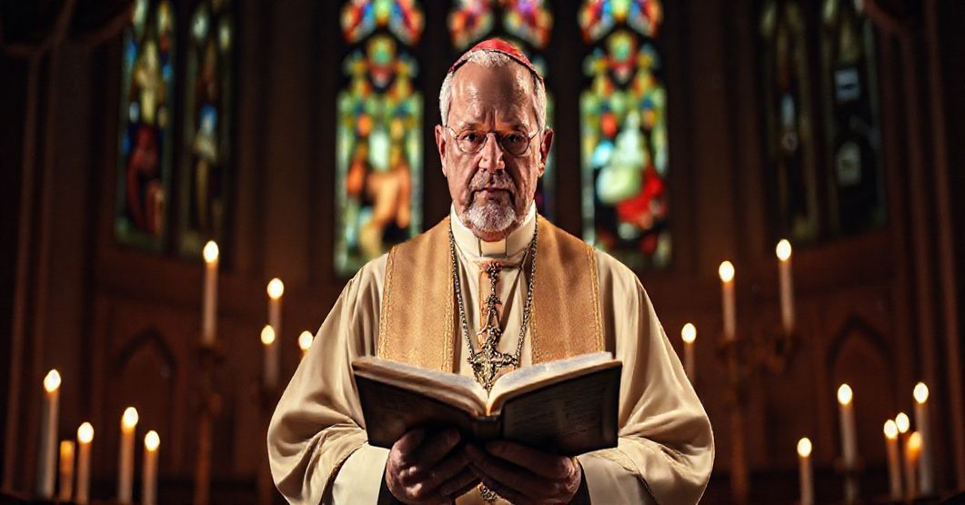 Biskup w tradycyjnym stroju kościelnym, trzymający Biblię, podkreśla wyłączną rolę Chrystusa jako jedyne drogę do zbawienia w świetle krytyki modernistycznego relatywizmu