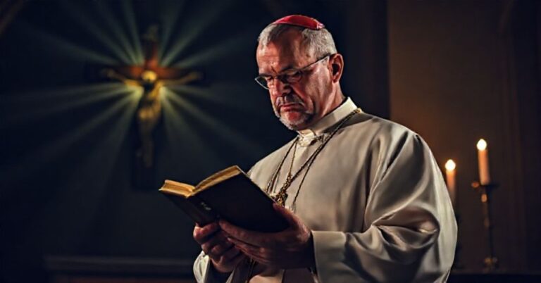 Biskup w tradycyjnym stroju episkopalnym trzyma zamkniętą Biblię w ciemnym prezbiterium kościoła z widocznym krzyżem i zapaloną lampką. Wyraz twarzy wyraża głęboką troskę.