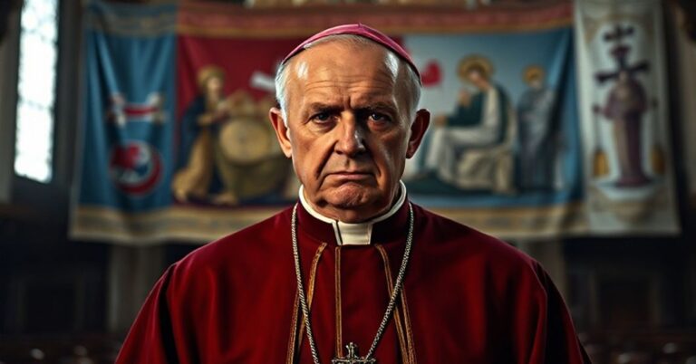 Biskup w tradycyjnych szatach kościelnych stoi w ciemnym kościele z troską i powagą na twarzy.