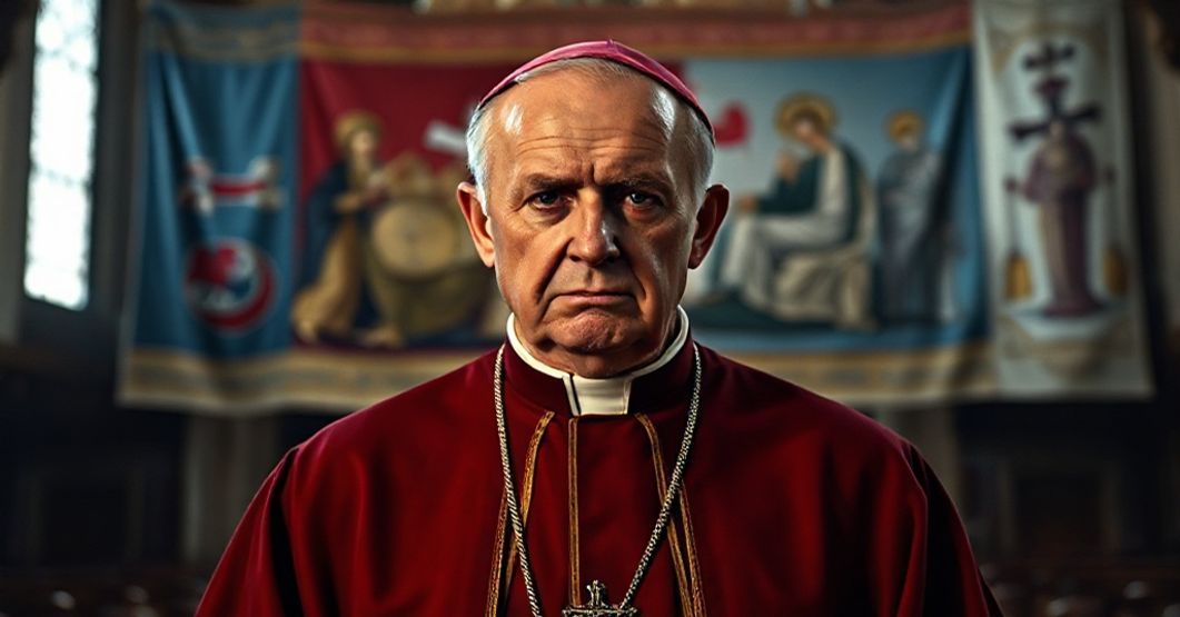 Biskup w tradycyjnych szatach kościelnych stoi w ciemnym kościele z troską i powagą na twarzy.