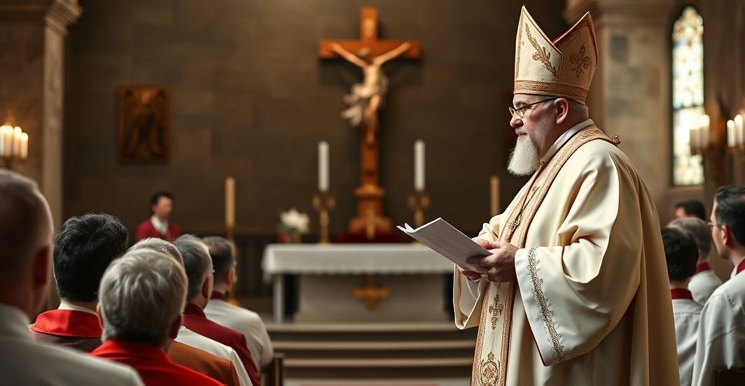 Biskup krytykujący nowoczesne herezje podczas konferencji kościelnej, w tradycyjnym stroju katolickim