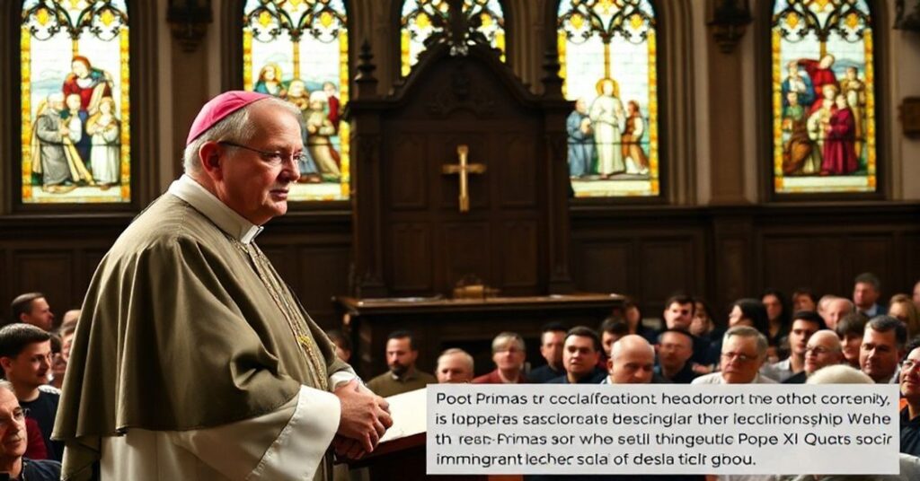 Katolicki biskup w tradycyjnych szatach kapłańskich przemawia do zgromadzonych wiernych w historycznym kościele, omawiając herezję USCCB w kwestii imigracji