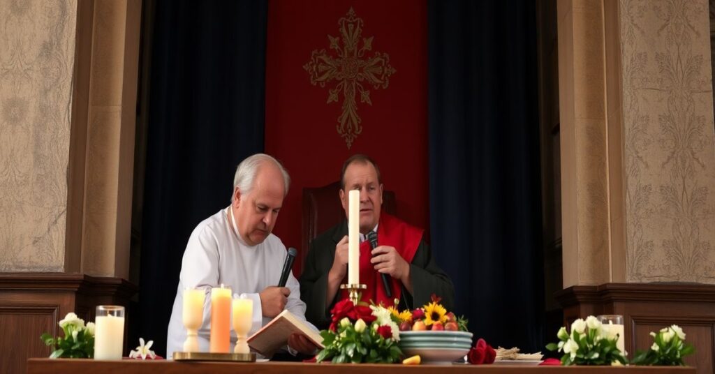 Biskup Witalis Krywycki przed zniszczonym kościołem na Ukrainie podczas wojny.