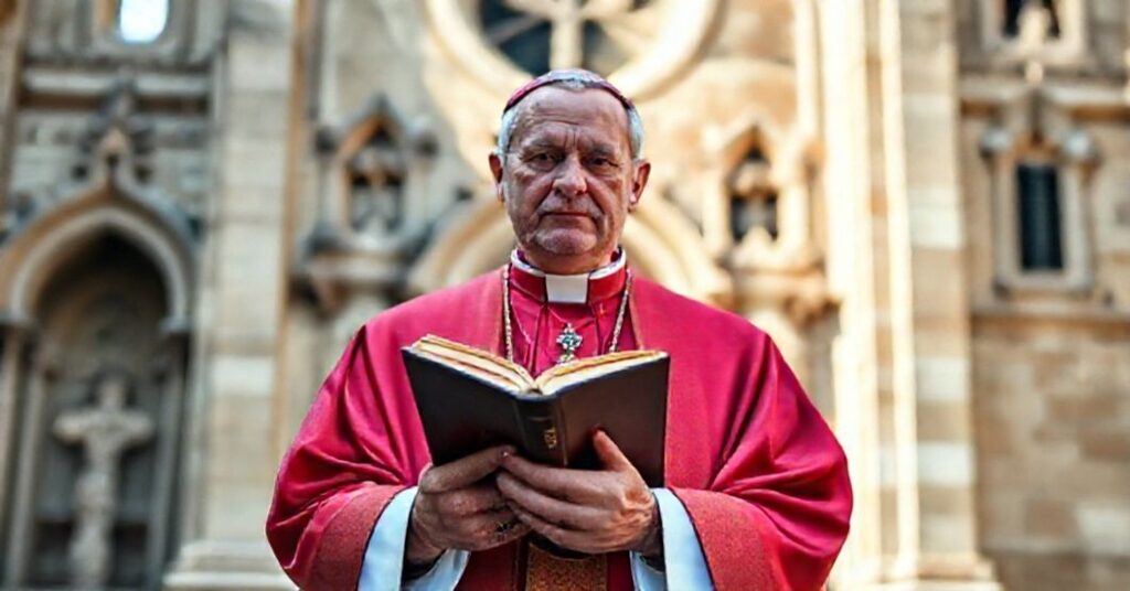 Biskup w tradycyjnych ornatach stojący przed katedrą, symbolizujący kryzys autorytetu religijnego.