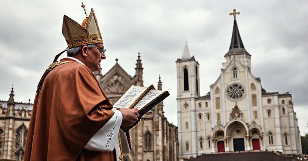 Tradycyjny katolicki biskup w uroczystych szatach stoi przed średniowiecznym katedrą, trzymając kopię Quo Primum i patrząc z troską na odległy nowoczesny kościół, gdzie odbywa się msza Novus Ordo.
