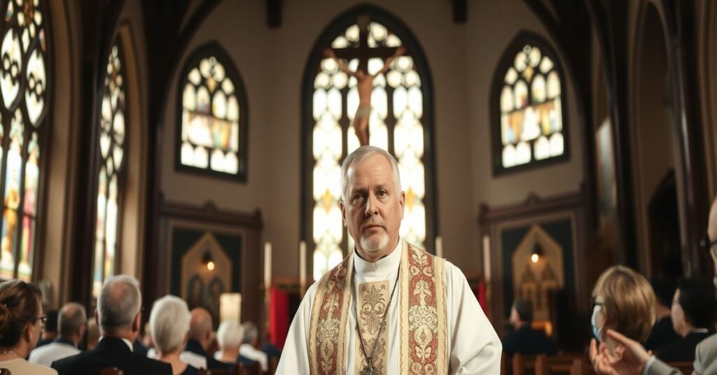 Biskup Krzysztof Zadarko w tradycyjnym kościele katolickim z wiernymi modlitwą