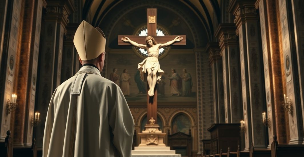 Biskup i krucyfiks w historycznym kościele — symbol wierności Chrystusowi Królowi Biskup w tradycyjnym stroju katolickim przed krucyfiksem w starej świątyni, symbolizujący wierność Chrystusowi Królowi, głęboko duchowe i poważne ujęcie
