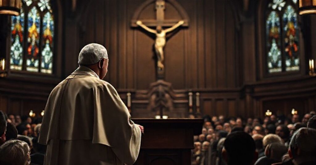 Kobieta w tradycyjnym stroju katolickim stojąca przed ołtarzem z krzyżem w tle.