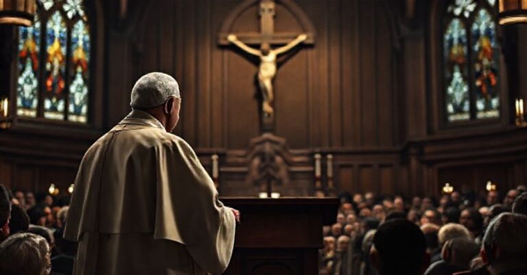 Kobieta w tradycyjnym stroju katolickim stojąca przed ołtarzem z krzyżem w tle.