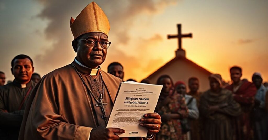 Tradycyjny katolicki biskup w szatach liturgicznych stoi przed grupą prześladowanych chrześcijan w Nigerii przed spaloną świątynią. Zadumana twarz biskupa i martwych oczy ofiar prześladowań na tle krzyża