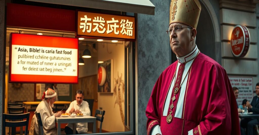 Prawdziwy biskup w tradycyjnych szatach kościelnych patrzy z oburzeniem na chińską restaurację fast foodu pod murami Watykanu