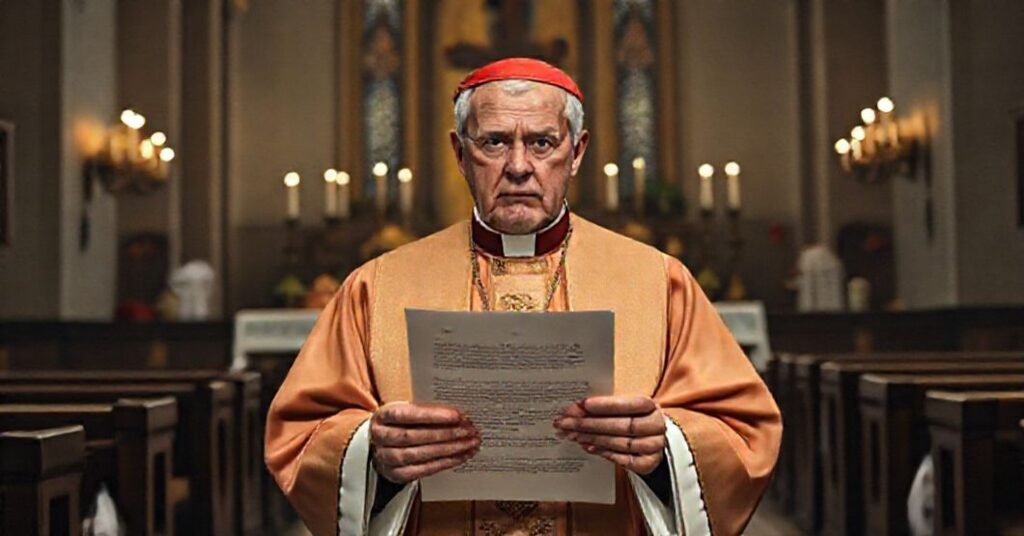 Biskup w tradycyjnym stroju liturgicznym trzyma list w kościele, symbolizując kryzys duchowy nowoczesnego Adwentu.