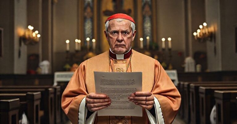 Biskup w tradycyjnym stroju liturgicznym trzyma list w kościele, symbolizując kryzys duchowy nowoczesnego Adwentu.