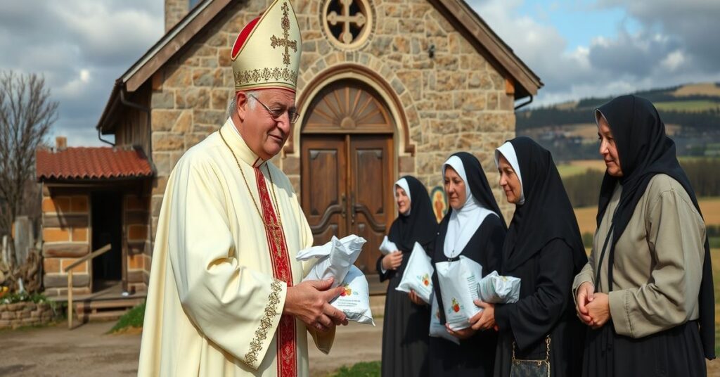 Biskup Wiesław Lechowicz rozdaje pomoc humanitarną siostrom Służebniczkom przed tradycyjnym kościołem katolickim.