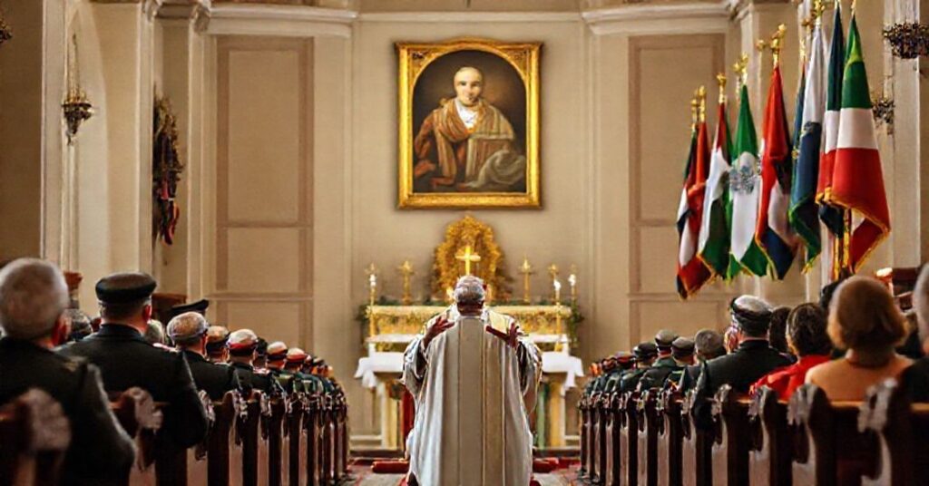 Wnętrze tradycyjnego kościoła katolickiego podczas pseudo-mszy w Święto Niepodległości z biskupem w ornacie liturgicznym na kazalnicy