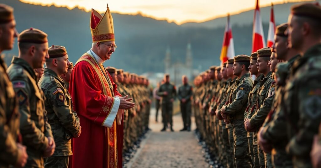 Biskup wojskowy Wiesław Lechowicz błogosławi polskich żołnierzy w Kosowie podczas misji humanitarnej KFOR