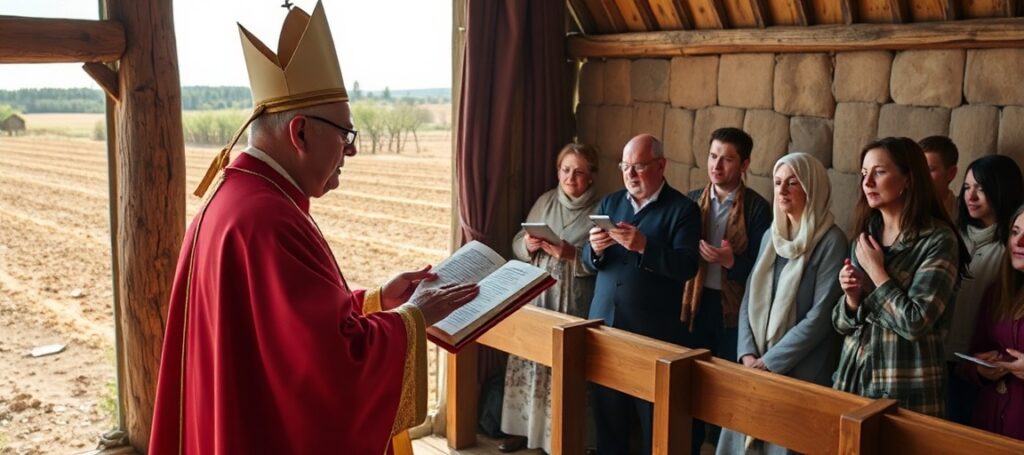 Biskup Leszek Leszkiewicz prowadzi tradycyjną modlitwę o deszcz w kościele wiejskim. Wierni śpiewają pieśń 'Królu, Boże Abrahama'.