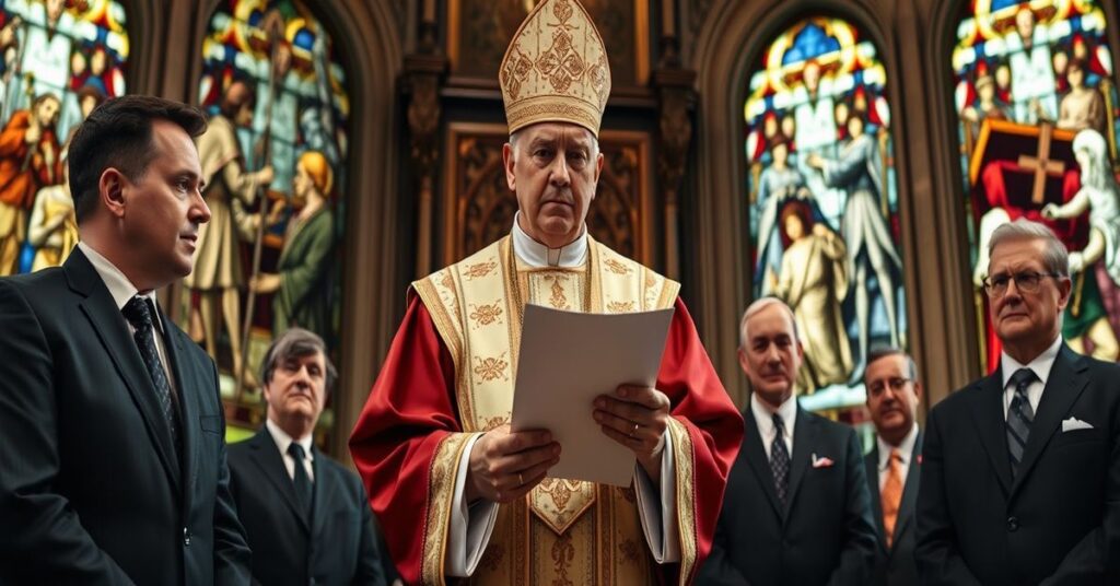 Katolicki biskup w tradycyjnym ornacie, trzymający list skierowany do producentów broni, na tle witraży przedstawiających sceny wojny i cierpienia.