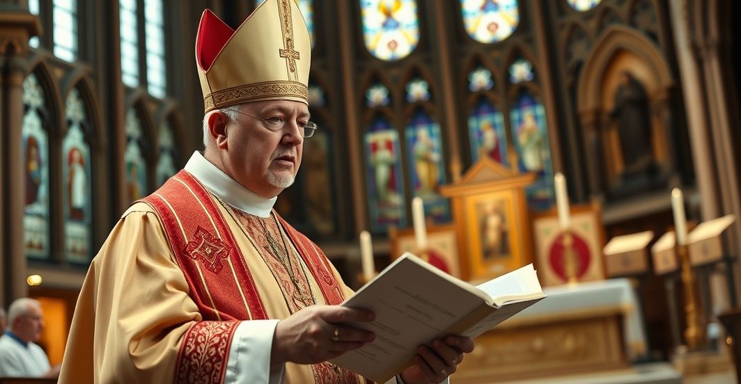 Biskup w tradycyjnym stroju liturgicznym podczas Eucharystii w katedrze, w głębi witraże i ołtarz, poważna i skupiona postawa, odzwierciedlająca katolicką pobożność i szacunek dla sakramentów