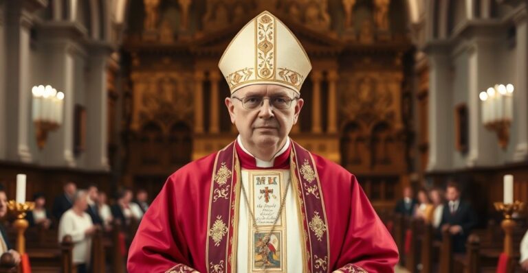 Biskup w tradycyjnym stroju liturgicznym podczas uroczystej mszy, podkreślający wierność katolickiej nauce i sprzeciw wobec modernistycznych zmian