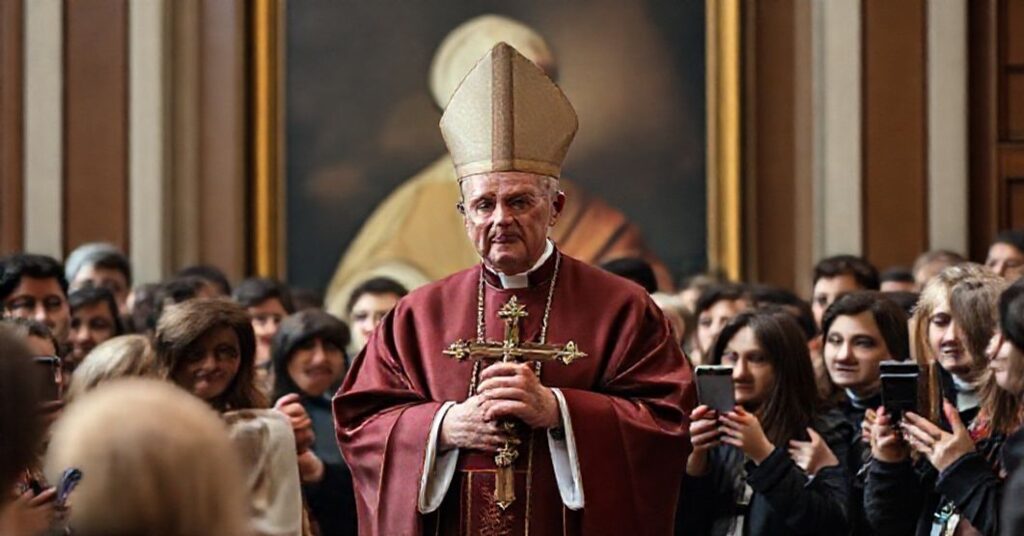 Ceremonialny biskup w pełnych insygniach liturgicznych stoi przed tłumem młodzieży. W tle widnieje rozmyte portret Jana Pawła II.