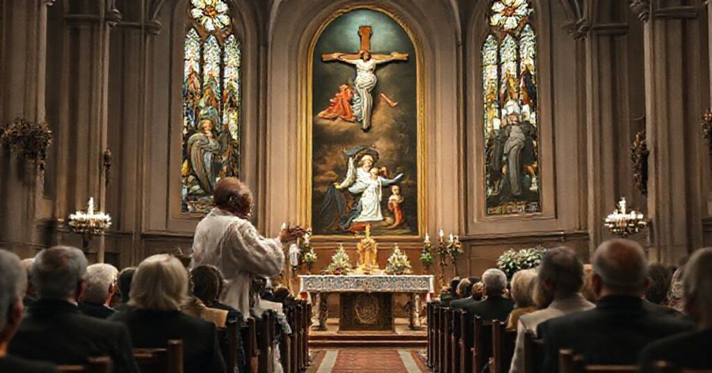 Wewnątrz kościoła katolickiego podczas homilii biskupa Tadeusza Lityńskiego o rodzinie i wierze.