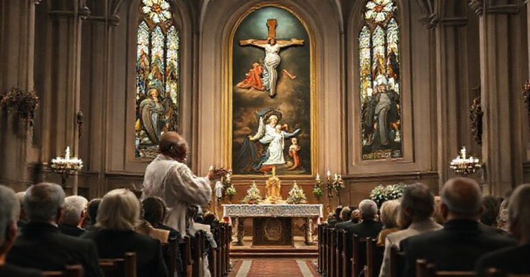 Wewnątrz kościoła katolickiego podczas homilii biskupa Tadeusza Lityńskiego o rodzinie i wierze.