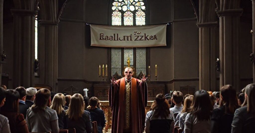 Wnętrze katedry z tradycyjnym ołtarzem i grupą młodzieży w nowoczesnym stroju na Mszy św. pod przewodnictwem biskupa Lityńskiego