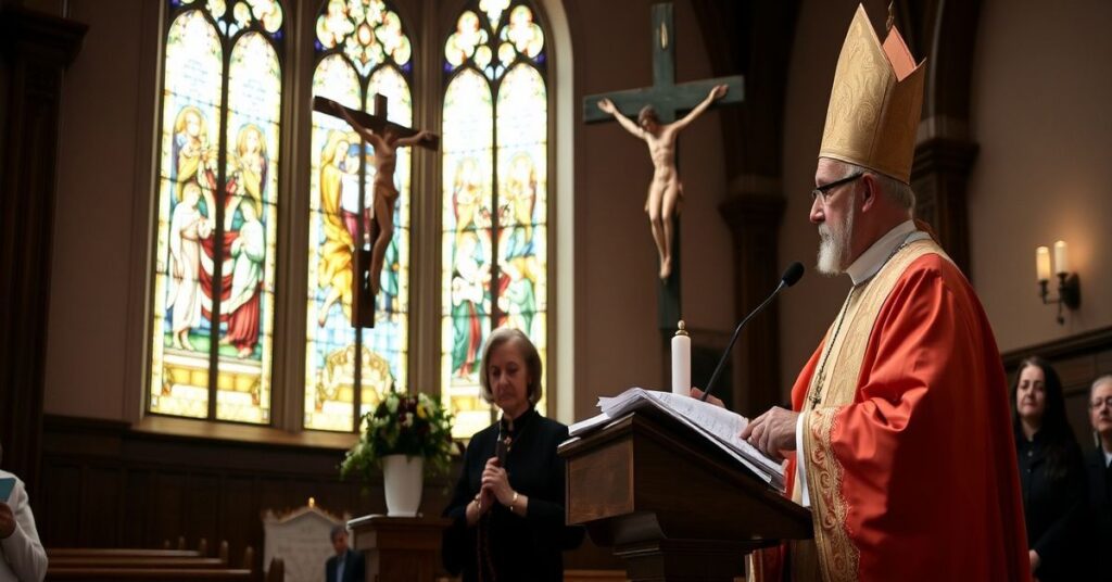 Biskup Tadeusz Lityński wygłasza homilię w Niedzielę Palmową w tradycyjnym kościele katolickim. Na tle widać krucyfiks i witraże przedstawiające Mękę Pańską.