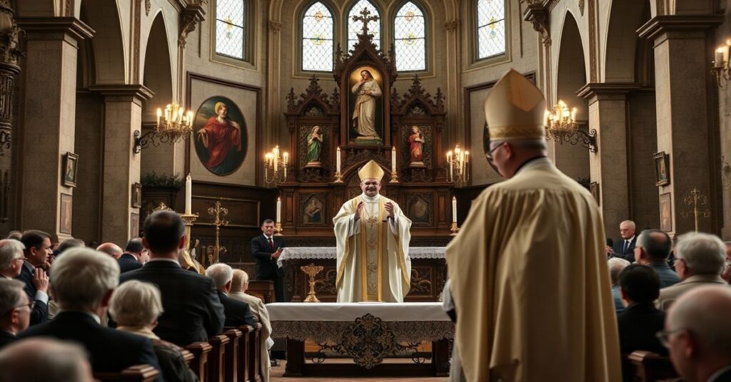 Wnętrze kościoła katolickiego podczas liturgii z biskupem Tadeuszem Lityńskim i relikwiami Karola Acutisa