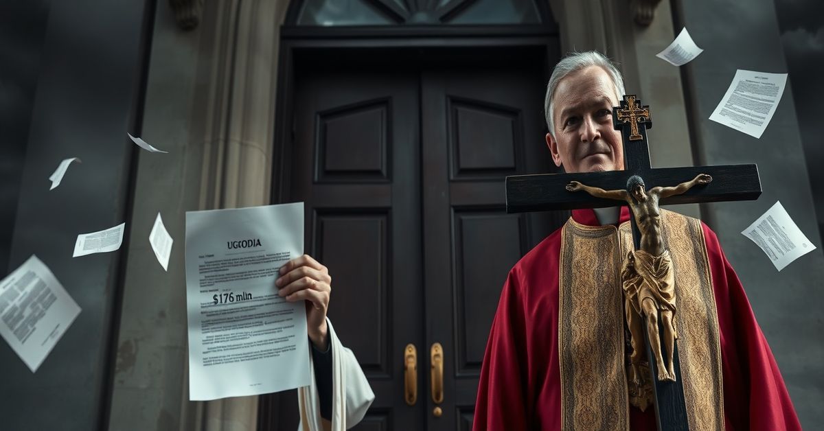 Zdjęcie przedstawiające biskupa Douglasa Lucię przed zamkniętym kościołem z dokumentem ugody w ręku, symbolizujące herezję i finansową osłonę nadużyć.